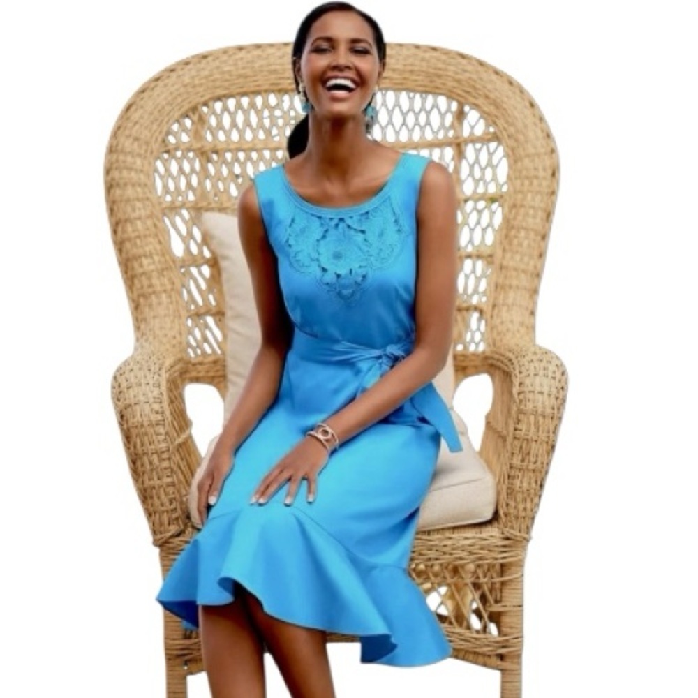 Talbots Vibrant Blue Midi Dress with Embroidery Fit & Flare 100% Cotton Satin 4